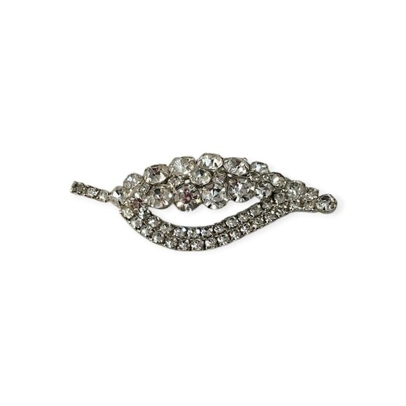 Vintage Rhinestone Leaf Brooch, Silver tone metal, Clear stone.‎ - Picture 4 of 8
